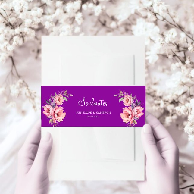 Rose und Hochzeit von Peony Floral Einladungsbanderole (Watercolor rose & peony floral wedding belly band — Soulmates.)