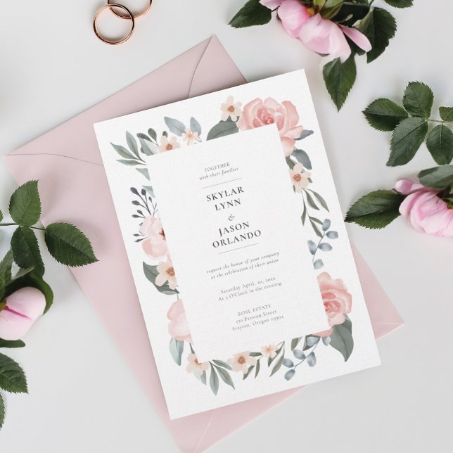 Rose und Hochzeitsfeier im Grünen Einladung (Watercolor Floral Rose & Sage Greenery Wedding Invitation)