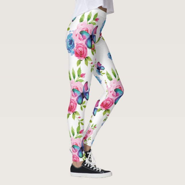 Rose und Hübsche Schmetterlinge Rosa & Blau Leggings (Rechts)