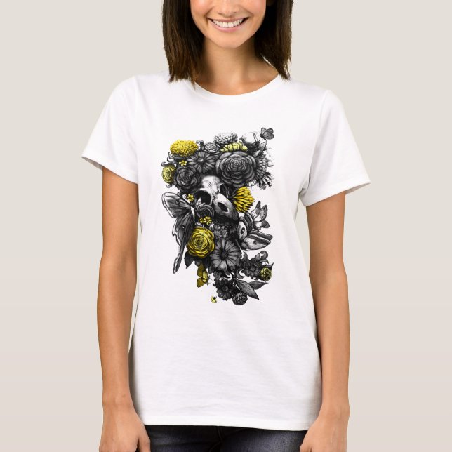 Rose und Motten, schwarz und gelb T-Shirt (Vorderseite)