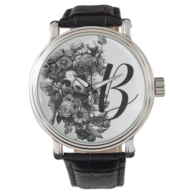 Rose und Motten - Schwarzes Monogramm Armbanduhr (Vorderseite)