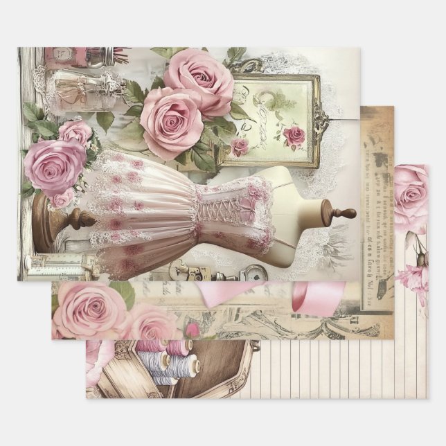 Rose und Nähen von Ephemera Geschenkpapier Set (Set)