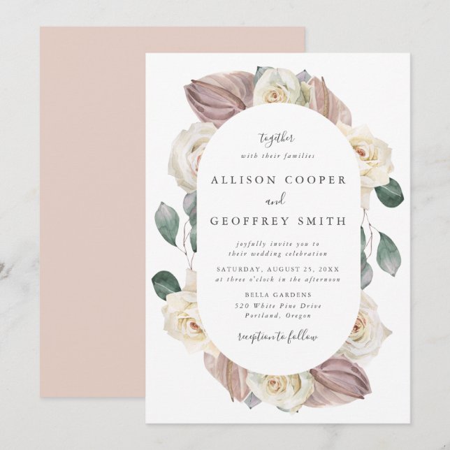 Rose und Orchideen Oval Rahmen Hochzeit Einladung (Vorne/Hinten)