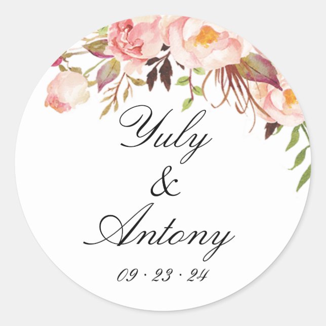 Rose und Peach Moderne Wasserfarbenhochzeit Runder Aufkleber (Vorderseite)