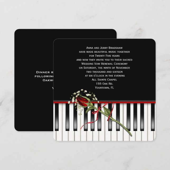 Rose und Piano Hochzeitsfeier Einladung (Vorne/Hinten)