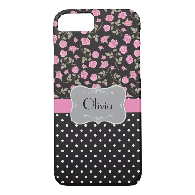 Rose und Polka Punkte auf schwarz - Case-Mate iPhone Hülle (Rückseite)