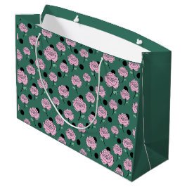 Rose und Punkte auf dunkelgrün. Große Geschenktüte