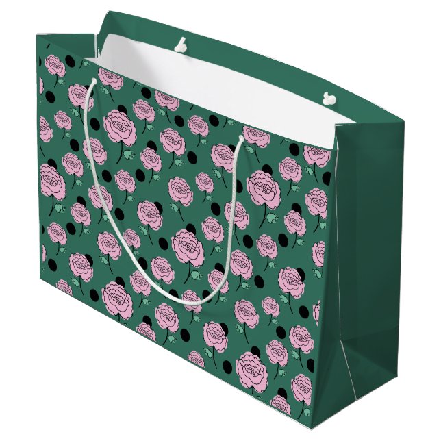 Rose und Punkte auf dunkelgrün. Große Geschenktüte (Rückseite Schrägansicht)