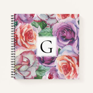 Rose und Rahmen für Aquarellen mit Monogramm Blume Notizbuch