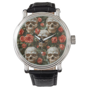 Rose und Schädel Armbanduhr