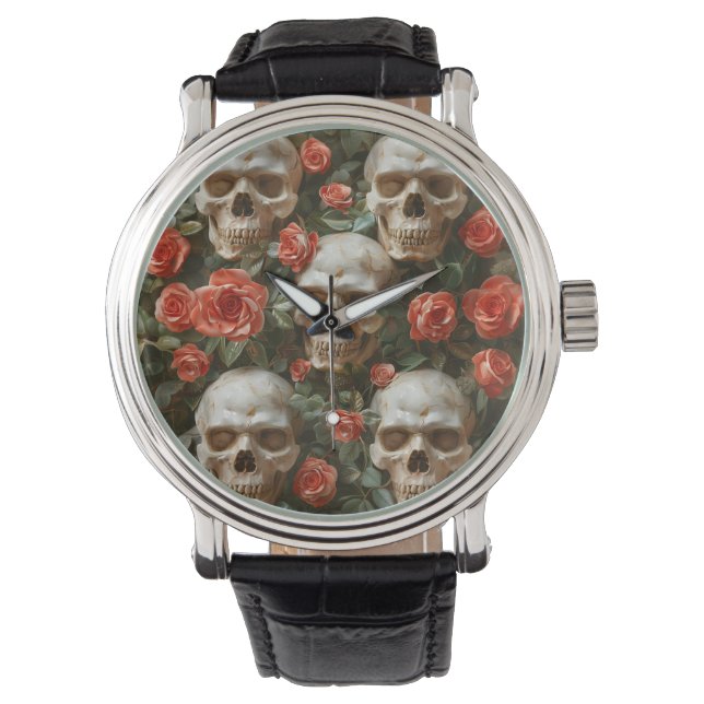 Rose und Schädel Armbanduhr (Vorderseite)