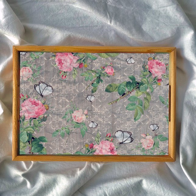 Rose und Schmetterlinge auf dem Damasholzdekoupage Seidenpapier (Von Creator hochgeladen)