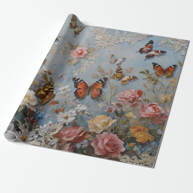 Rose und Schmetterlinge Druckentkundung / Geschenkpapier (Ungerollt)