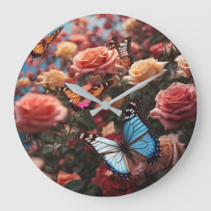 Rose und Schmetterlinge Große Wanduhr