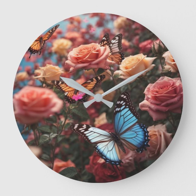Rose und Schmetterlinge Große Wanduhr (Vorderseite)