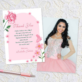 Rose und Schmetterlinge in Rosa Quinceñera, Blush  Dankeskarte