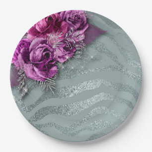 Rose und silberne Glitterie Zebra Streifen Pappteller