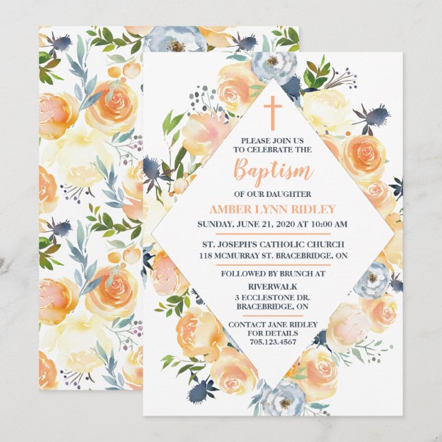Rose und Thistle Baby Taufe & Brunch Einladung (Vorne/Hinten)