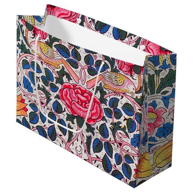 Rose und Vogel, William Morris große Geschenktasch Geschenktüte (Vorderseite Schrägansicht)