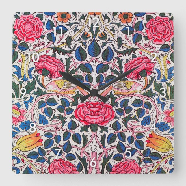 Rose und Vogel, William Morris Quadratische Wanduhr (Vorderseite)