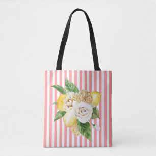 Rose und Zitronen auf rosa Streifen Tasche