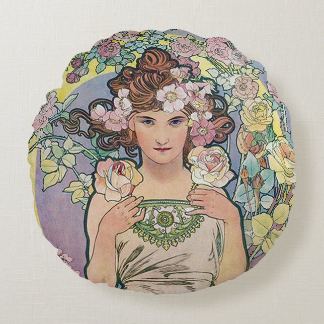 Rose (vier Blume), Alphonse Mucha Throw Kissen (Vorderseite)