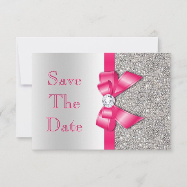Rose vif faux noeud et diamants Save The Date (Devant)