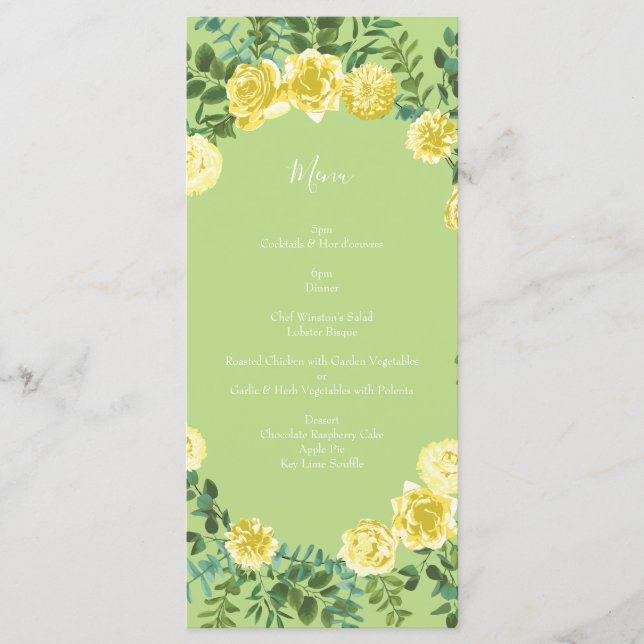 Rose Vintage Hochzeit von Gelb und Grün Menükarte (Vorderseite)