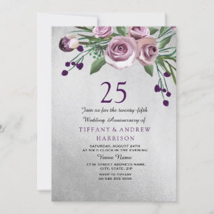 Rose violet Argent 25ème Mariage Invitation 