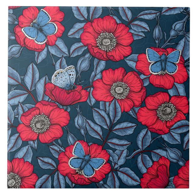 Rose von Hunden und Schmetterlinge in blau und rot Fliese (Vorderseite)