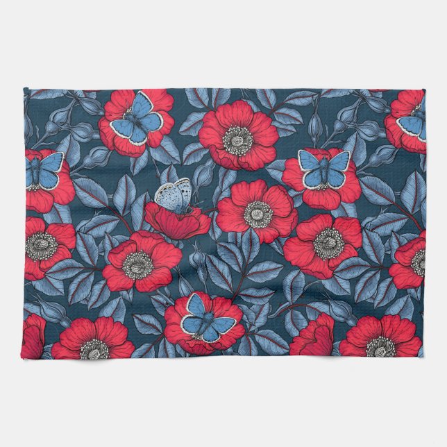 Rose von Hunden und Schmetterlinge in blau und rot Geschirrtuch (Horizontal)