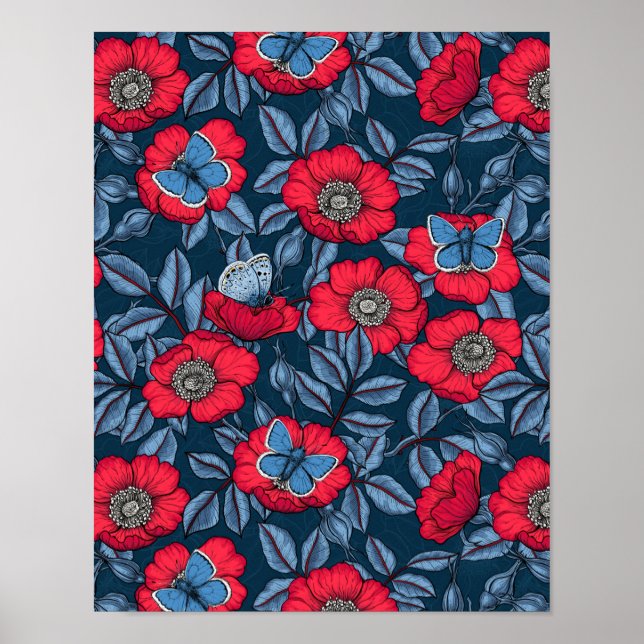 Rose von Hunden und Schmetterlinge in blau und rot Poster (Vorne)