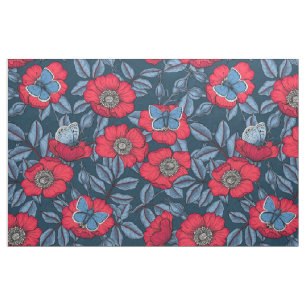 Rose von Hunden und Schmetterlinge in blau und rot Stoff