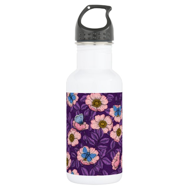 Rose von Hunden und Schmetterlinge in rosa und lil Edelstahlflasche (Vorderseite)
