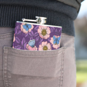 Rose von Hunden und Schmetterlinge in rosa und lil Flachmann