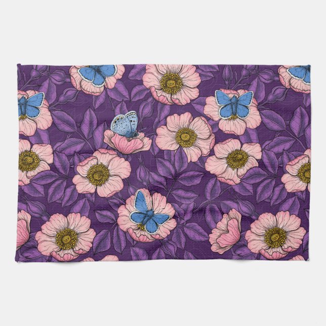 Rose von Hunden und Schmetterlinge in rosa und lil Geschirrtuch (Horizontal)
