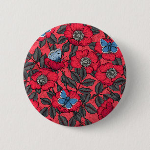Rose von Hunden und Schmetterlinge in Rot und Blau Button