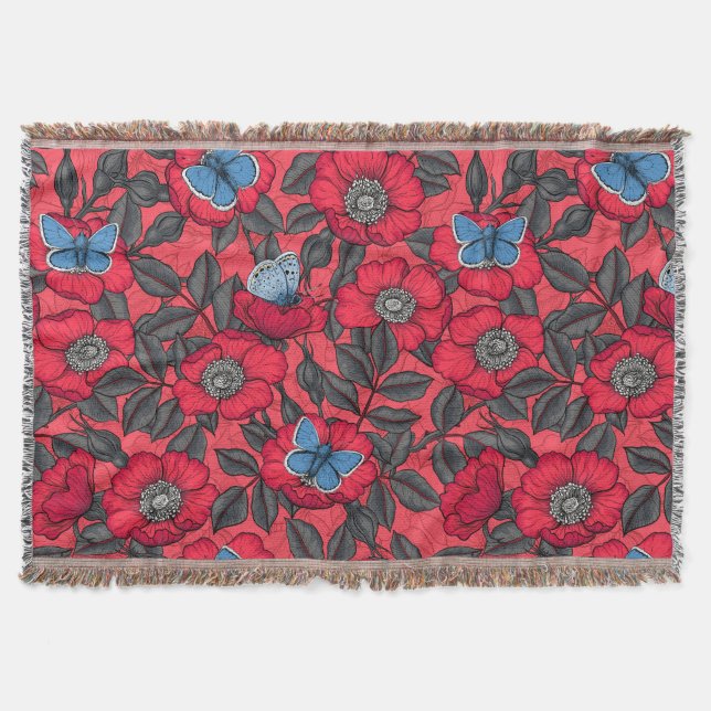 Rose von Hunden und Schmetterlinge in Rot und Blau Decke (Vorderseite)
