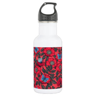 Rose von Hunden und Schmetterlinge in Rot und Blau Edelstahlflasche