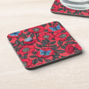 Rose von Hunden und Schmetterlinge in Rot und Blau Getränkeuntersetzer