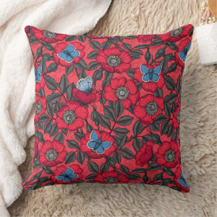 Rose von Hunden und Schmetterlinge in Rot und Blau Kissen