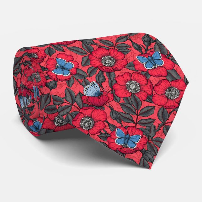 Rose von Hunden und Schmetterlinge in Rot und Blau Krawatte (Gerollt)