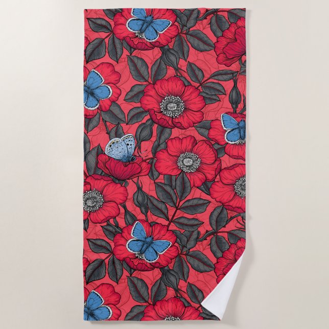 Rose von Hunden und Schmetterlinge in Rot und Blau Strandtuch (Vorderseite)