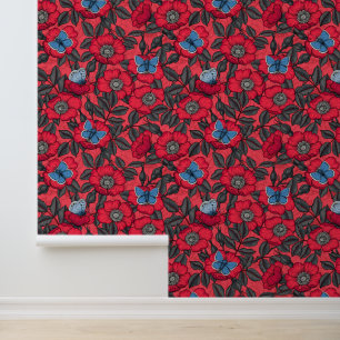 Rose von Hunden und Schmetterlinge in Rot und Blau Tapete