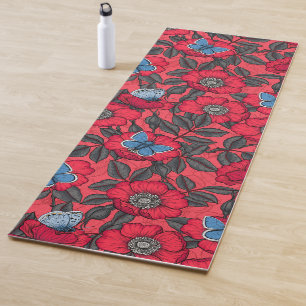 Rose von Hunden und Schmetterlinge in Rot und Blau Yogamatte