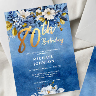 Rose von Navy Blue und Gold Floral 80. Geburtstag Einladung