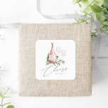Rose Wasserfarbe Wein Botanische Feiern zur Liebe Quadratischer Aufkleber<br><div class="desc">Diese eleganten, thematisch gestalteten Aufkleber eignen sich ideal für Brautpartys, Verlobungsfeiern oder Proben, die in einem Weingut, einem Weinkeller oder einem Weingarten veranstaltet werden. Das Design besticht durch eine Flasche Rose und zwei Gläser, die mit grünen Aquarellfarben-Eukalyptus-Blätter und Blattwerk geschmückt sind. In der Schriftzeichen-Schrift erscheint "Liebe bejubeln". Für eine abschließende...</div>