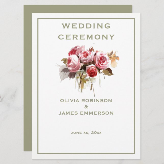 Rose Wasserfarben Rose - Festprogramm Programm (Vorne/Hinten)