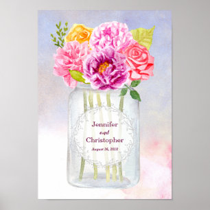 Rose Wasserfarbene Peonies Rustic Mason Jar Weddin Poster