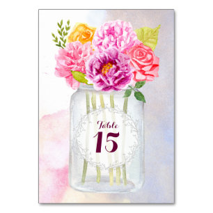 Rose Wasserfarbene Peonies Rustic Mason Jar Weddin Tischnummer